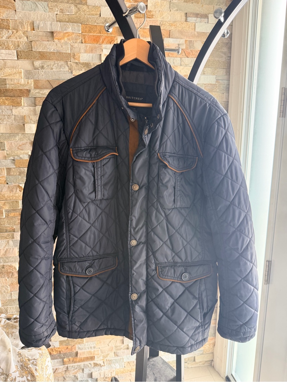 Quilted navy Jacket with Brown Trim - Men’s (worn like a women’s large or xl)